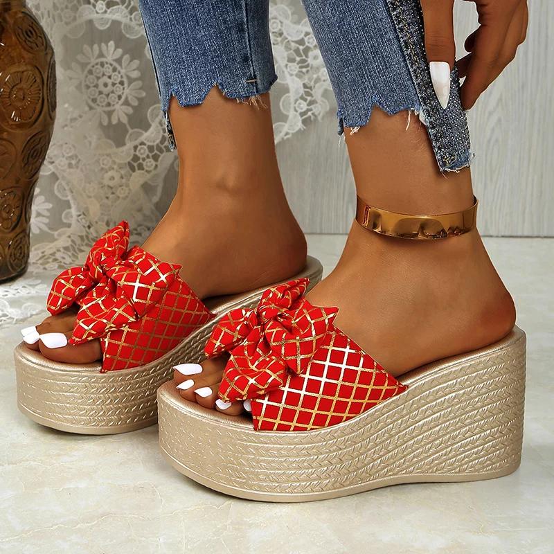 Fashion Bowknot Decor Chunky Platform Sandals Women Fashion Plaid Pattern Wedge Heel Sandals Woman Summer Thick Bottom Beach Slippers