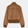 Womens Stand Collar French Style Bomber Jacket In Light Brown Ribbed Cuffs Short Length Regular Fit