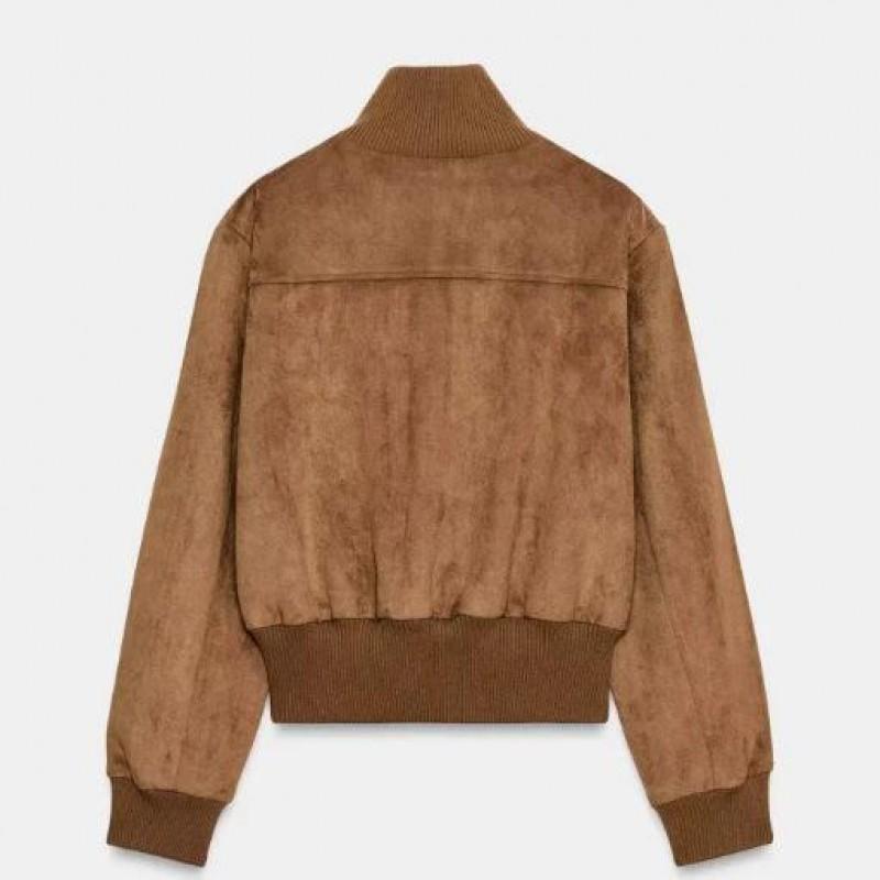 Womens Stand Collar French Style Bomber Jacket In Light Brown Ribbed Cuffs Short Length Regular Fit