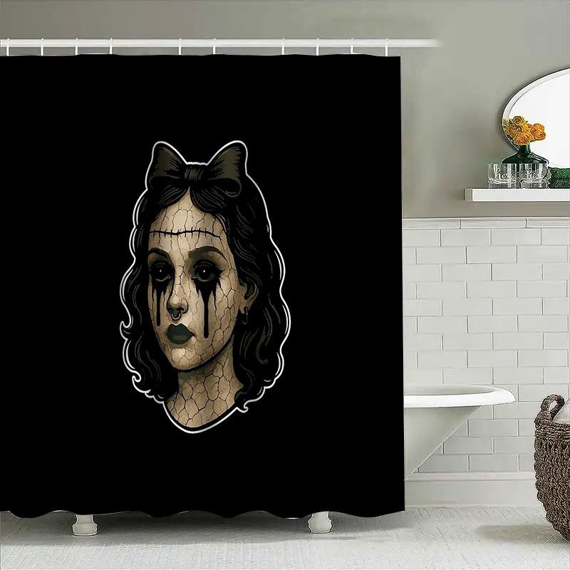 Gothic Horror Shower Curtain Creepy Halloween Decor Spooky Victorian Skull Vanity Backdrop Dark Aesthetic Room Divider Wall Tape