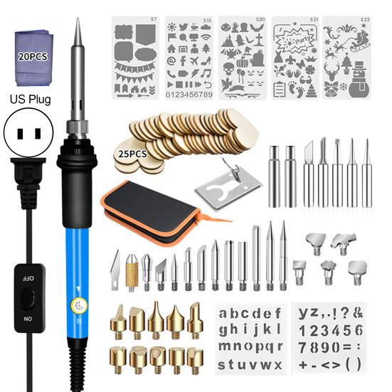 

90Pcs/Set Pyrography Set Adjustable Temperature Anti-slip Handle Portable Wear Resistant Burning Pen Kit US Plug синій