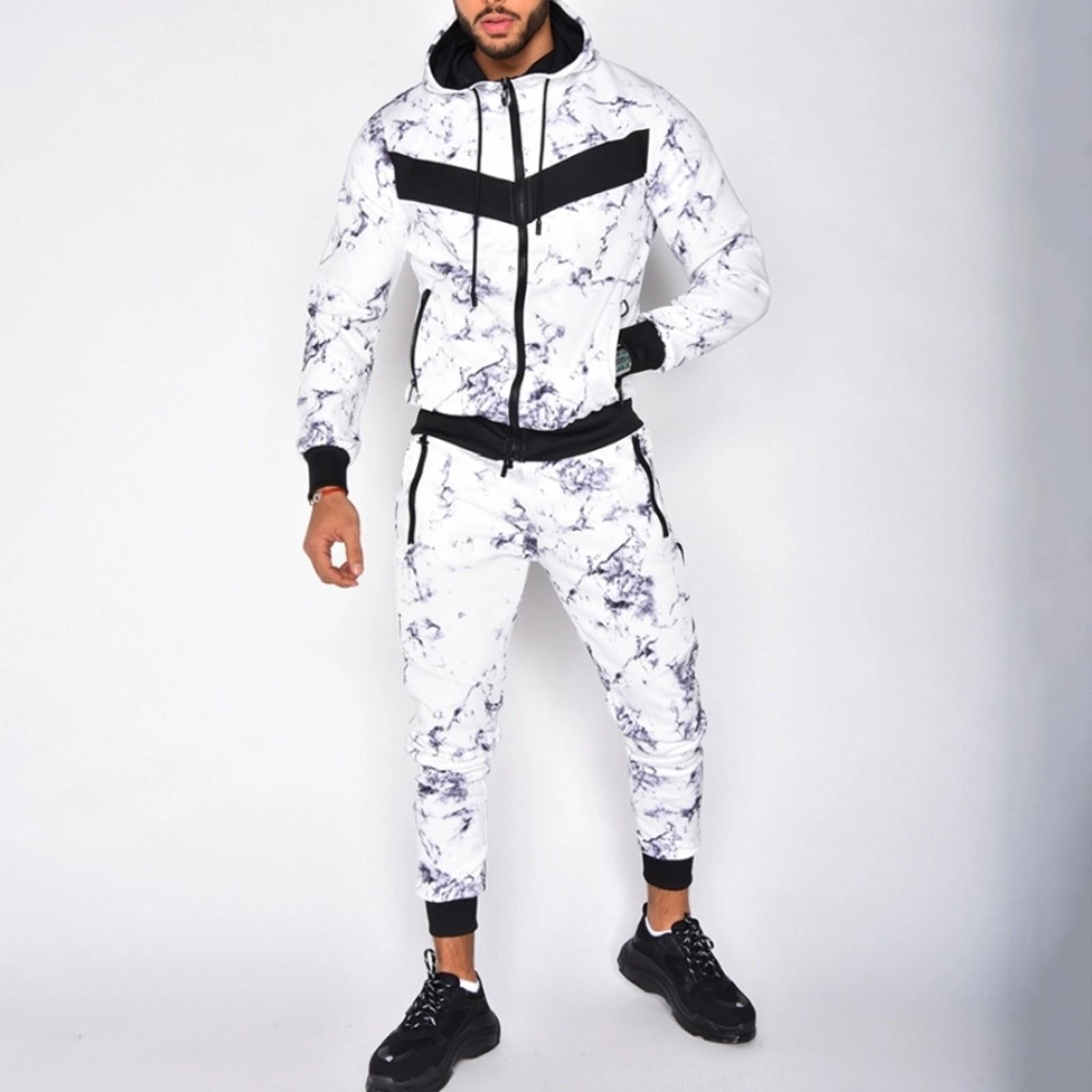 

Мужская осенне-зимняя однотонная толстовка с длинным рукавом на молнии с капюшоном и брюками XL белый