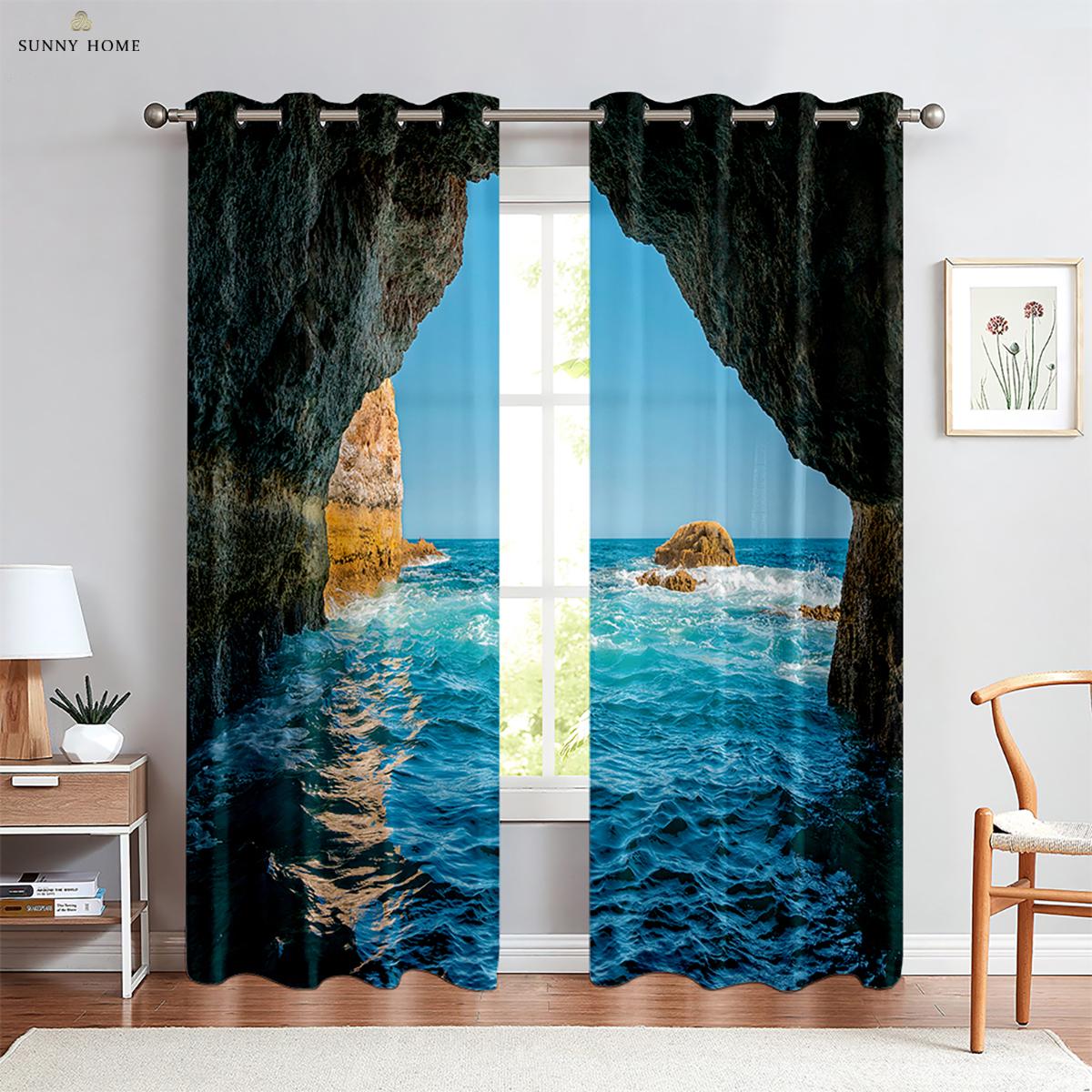 

Sea View Pattern Printcurtains Outside Theseaside Landscape Pattern Bedroom Space Living Space Balcony Areacurtains Can Be Customized W50xH140(CM)x2PCS&Grommet Top