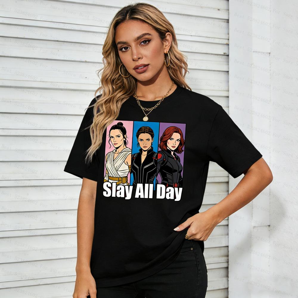 

Superheroines Crossover Graphic TShirts Black Widow Print Womens Plus size Casual Short Sleeve Tops Pop Culture Inspired Tees S