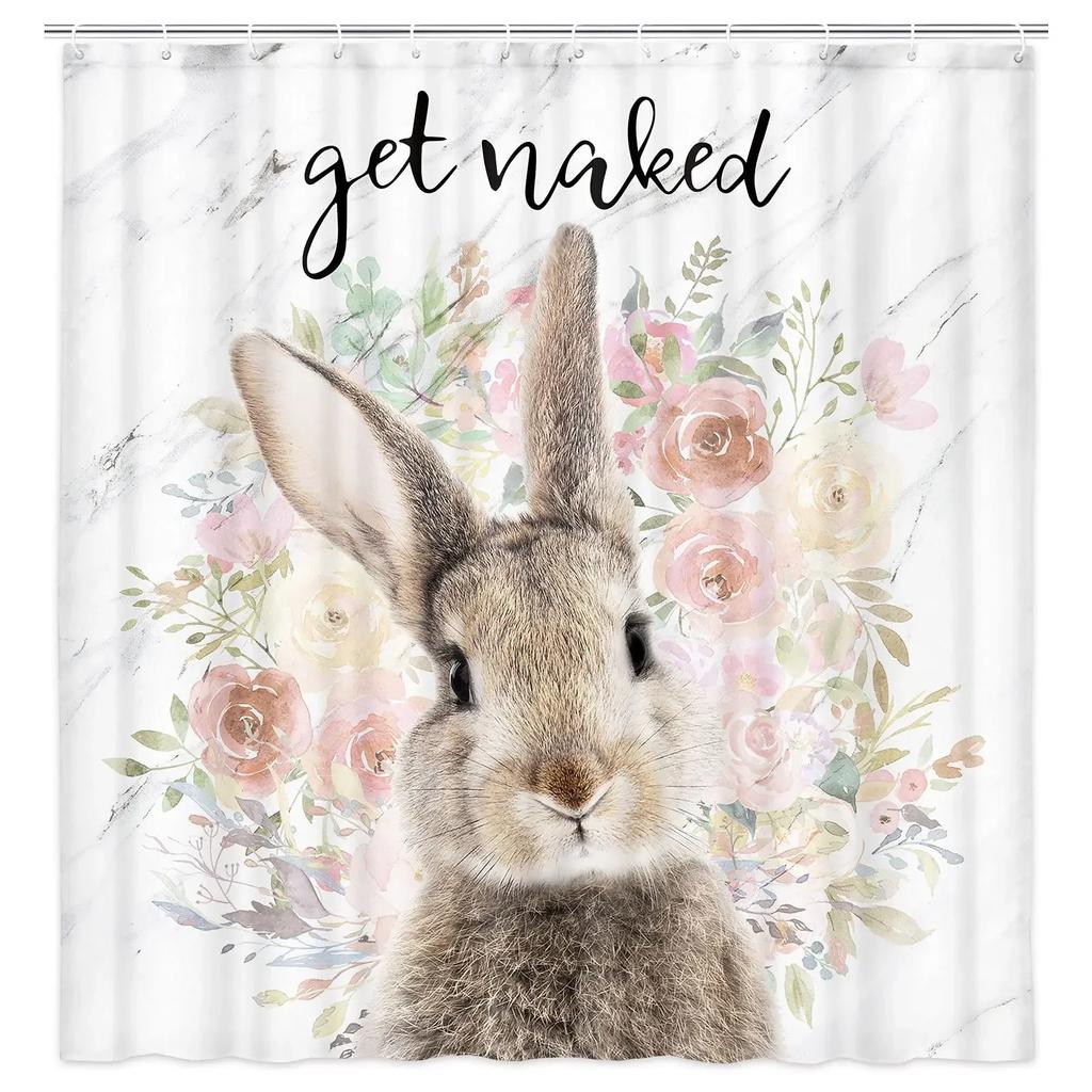 Happy Easter Bunny Shower Curtain Funny Rabbits Pink and Blue Eggs Bath Curtain Polyester Fabric Waterproof Bathroom Curtain Set