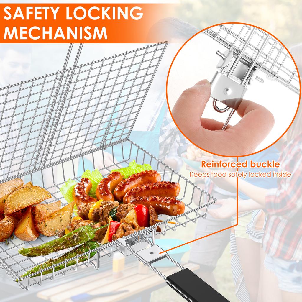 1/2Pcs Grill Basket Folding Portable Stainless Steel BBQ Grill Basket with Handle for Fish Vegetables Shrimp Cooking Accessories