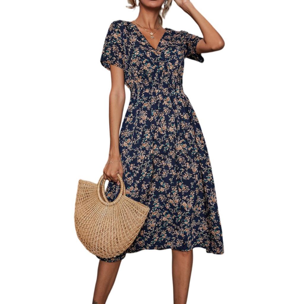 Women's Dresses Casual Small Floral Printed V-Neck Short Sleeve Dresses