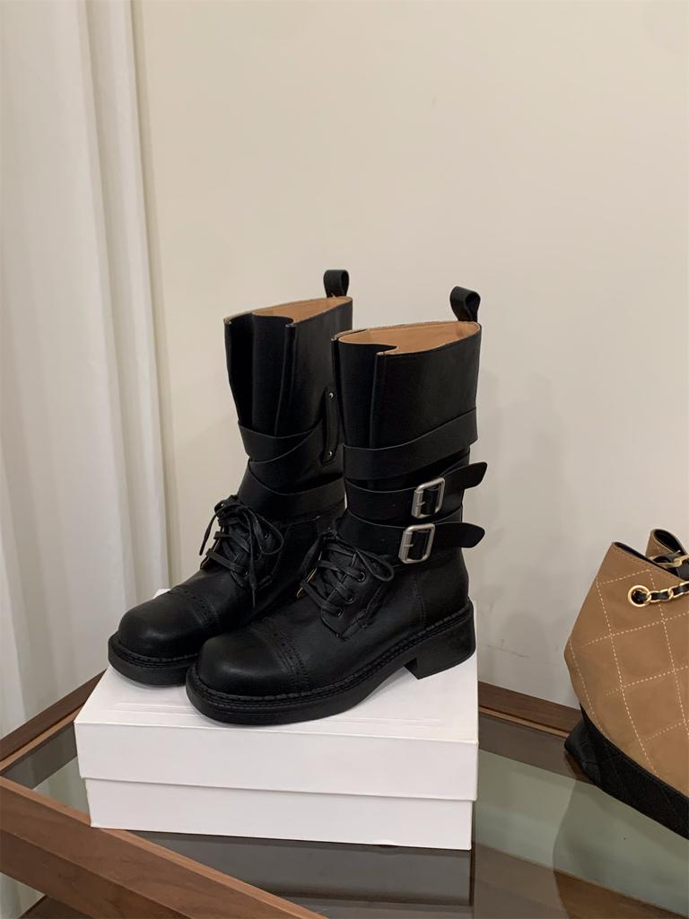 Svart brittisk Martin-känga med tjock sula damkängor 2025 höst retro brun Maillard mellanhöga riddarstövlar