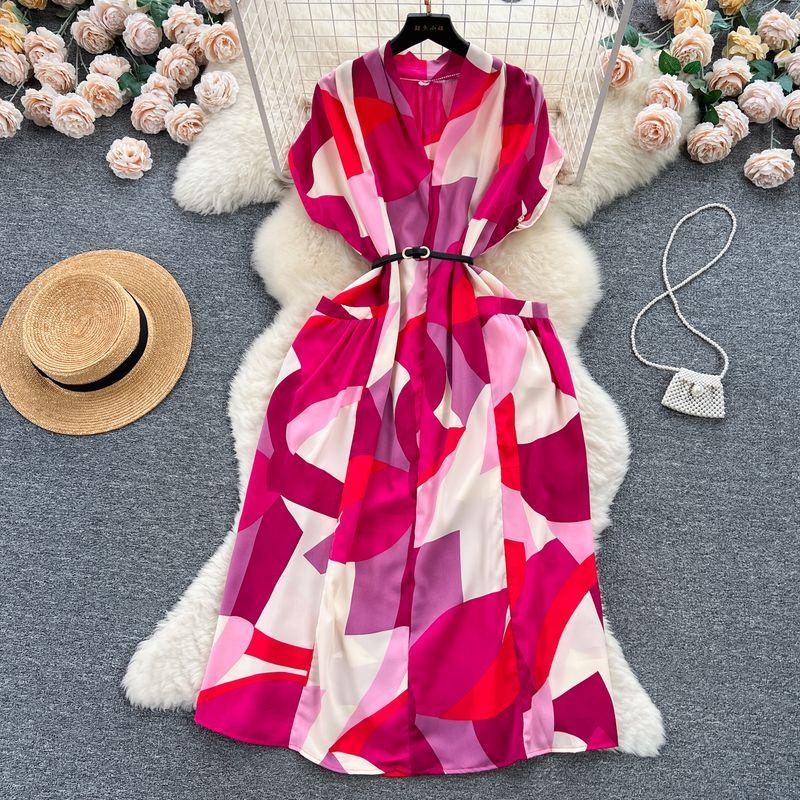 

Mild Luxury Retro Summer Shoelace Waist Trimming Printing Dress Rose Red One size