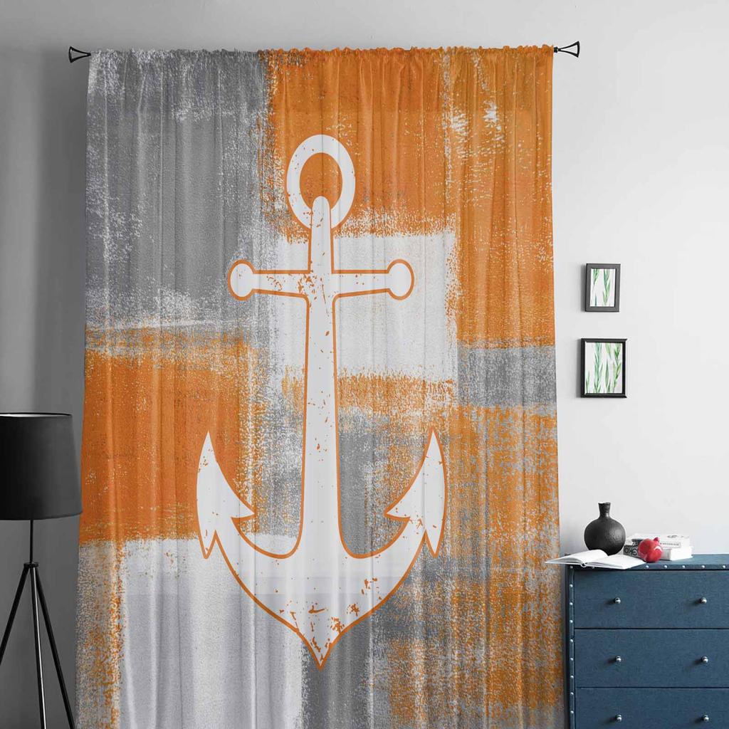 Retro Abstrakt Målning Skepp Ankare Orange Fönster Tyllgardiner för Vardagsrum Sovrum Hotell Lyxig Dekoration Genomskinliga Gardiner