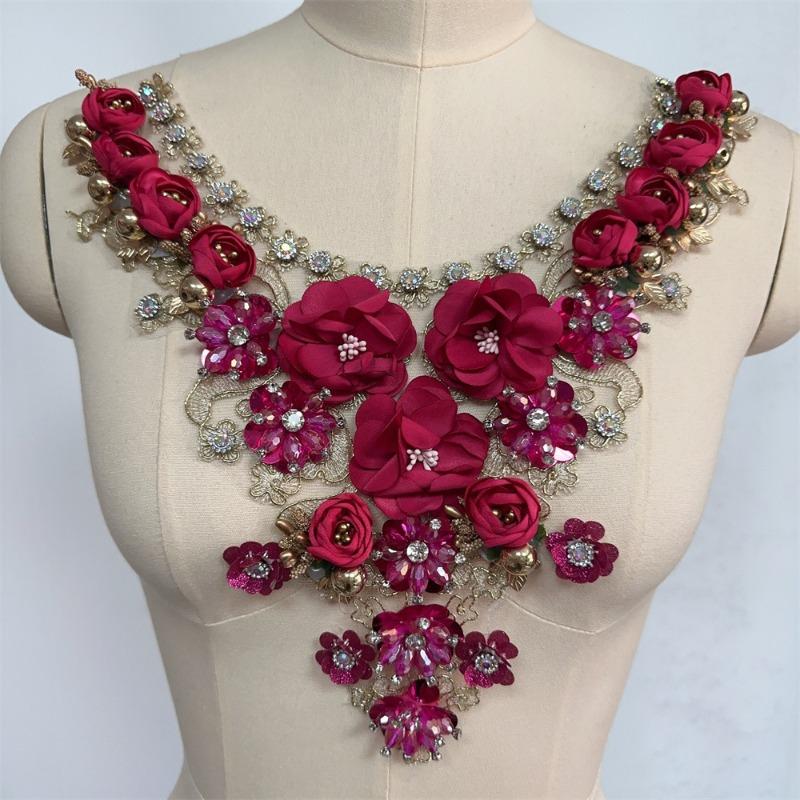 

Large Size Bead Lace Neckline Applique embroidery collar flower clothing accessories For DIY clothing cloth patch Decor 32x28cm