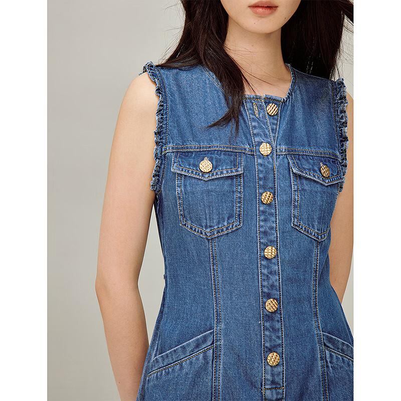 INMAN French Elegant Round Neck Sleeveless Denim Dress