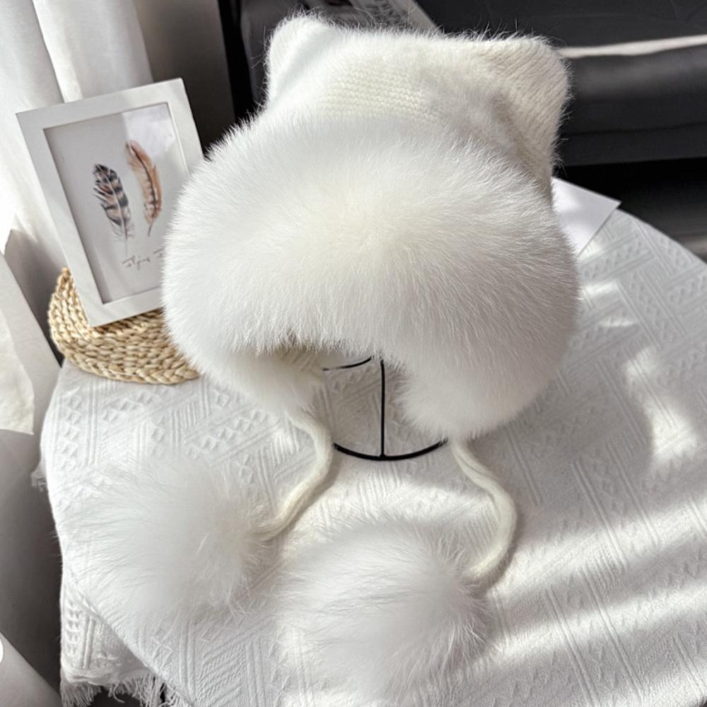 Women s Cute Beige Wool Beanie Winter Hat with Bear Ears Printed Raccoon & Fox Fur Digital Travel Warm Cap белый