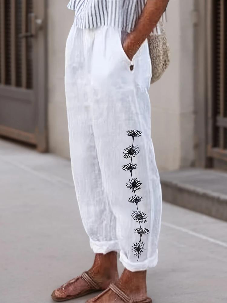 Spodnie z nadrukiem kwiatowym w dużych rozmiarach, wiosenno-letnie, swobodne, z kieszeniami i elastyczną talią, odzież damska w dużych rozmiarach