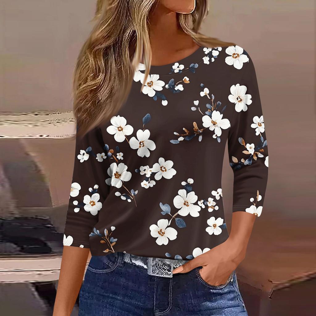 Women's Fashionable Casual Round Neck T-Shirt With Floral Print And Three-Quarter Sleeves