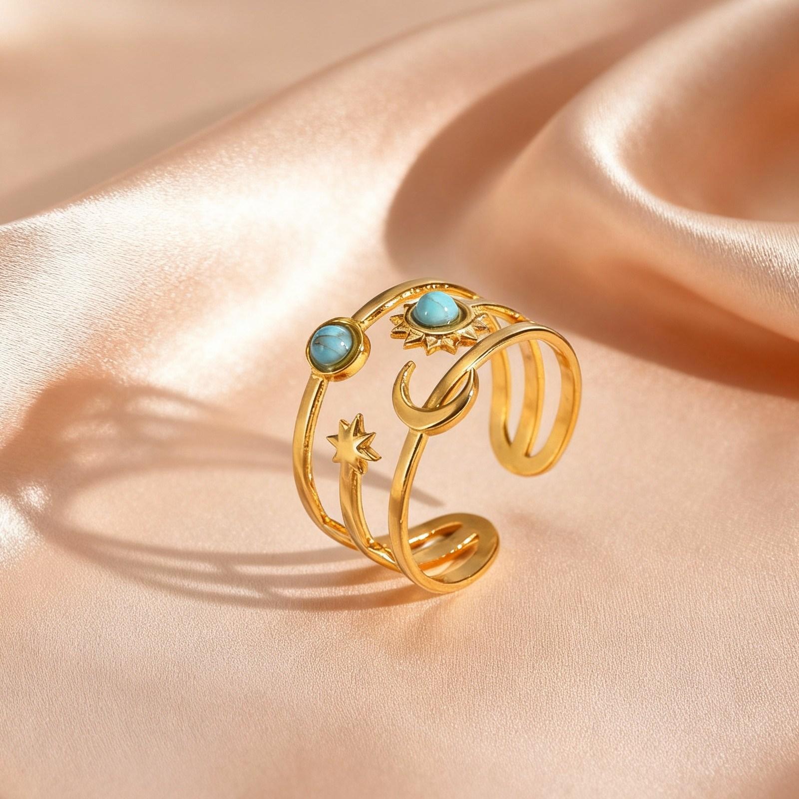 

Natural Stone Turquoise Star Sun Multi Layers Stainless Steel Open Rings for Women Aesthetic Finger Jewelry Waterproof