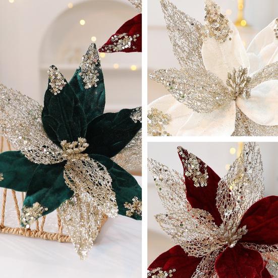 Fleurs de Poinsettia en Tissu à Paillettes de Noël 11 Pouces Grandes Artificielles à Paillettes Ornements d'Arbre de Noël pour Mariage Fête de Fin d'Année