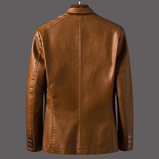 Suit Coat Faux Leather Turn-down Collar Cardigan Solid Color Men Formal Jacket for Meeting