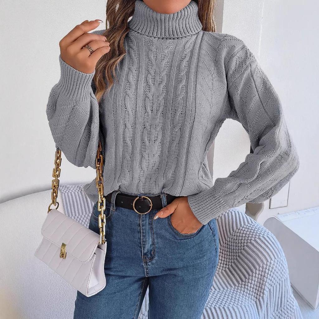 Women's 2023 Autumn/Winter Casual High Neck Cable Knit Long Sleeve Pullover Sweater