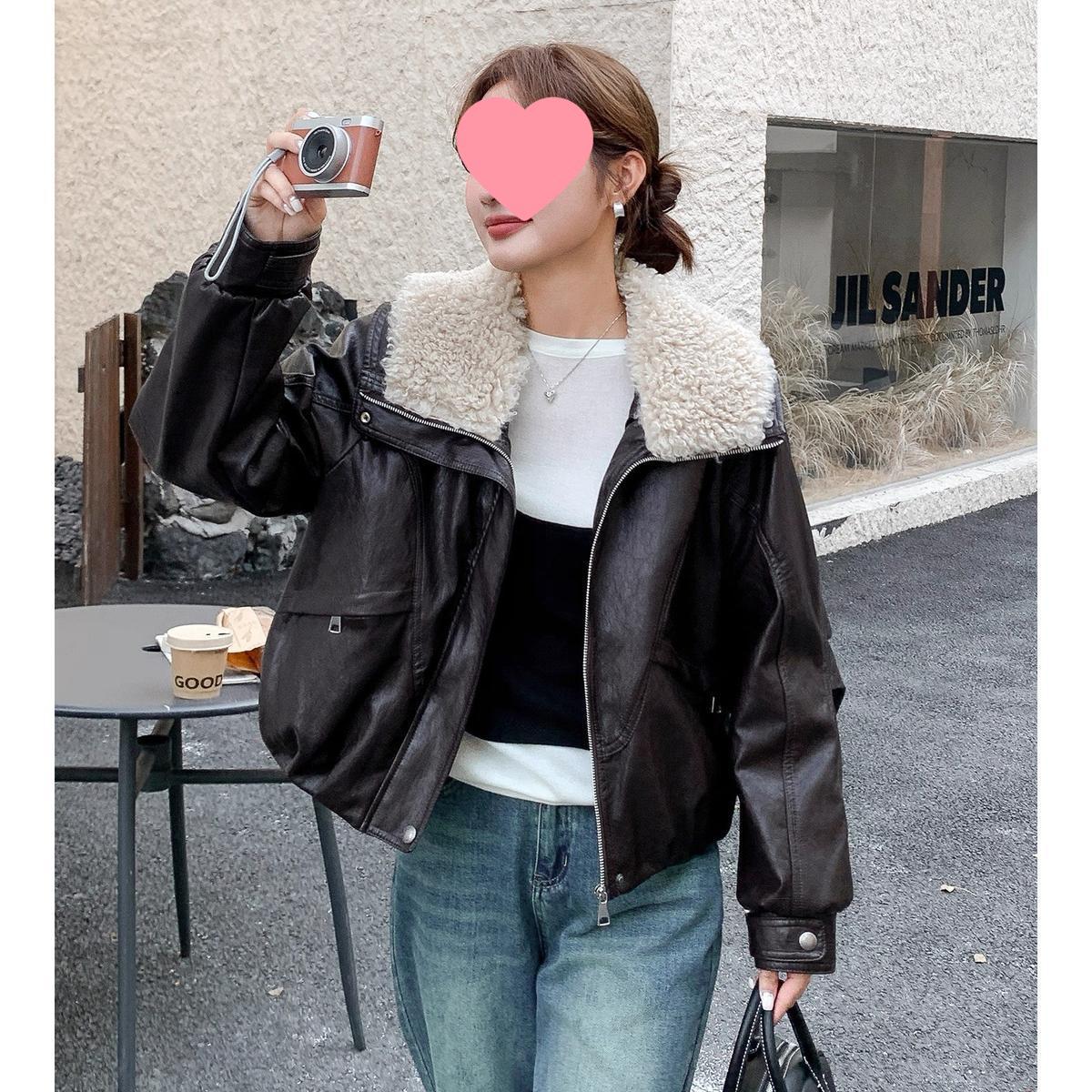 

Women s Autumn/Winter 2025 Plus Velvet Plush Lapel Leather Coat - Warm, Thick, Loose, Slimming Cotton Jacket S чорний