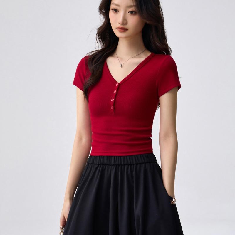 G Youke silk, with good materials and quality, button V-neck T-shirt women's short-sleeved summer new high-waisted top