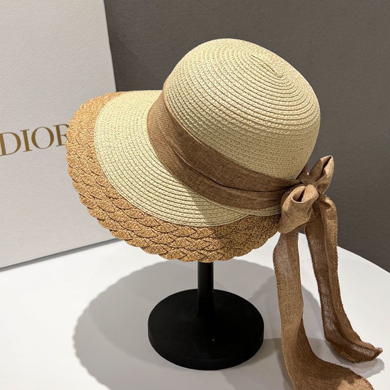 Spring and Summer Eaves Lace Satin Bow Fisherman Hat Children Simple Travel Sunscreen Sunshade Straw Sun Hat