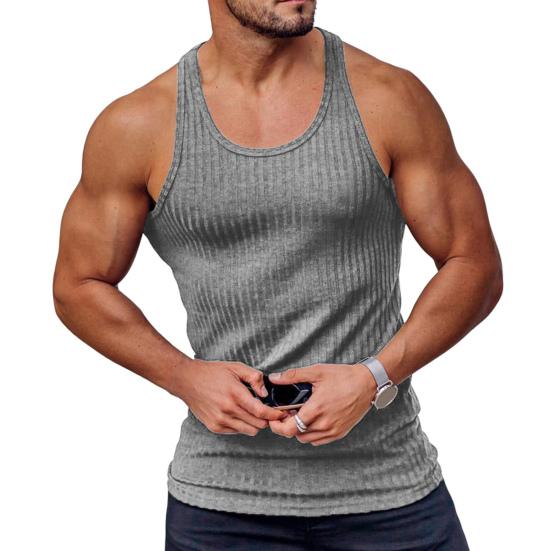 

O-Neck Sleeveless Racerback Men Vest Summer Ribbed Solid Color Fitness Vest Top L темно-сірий