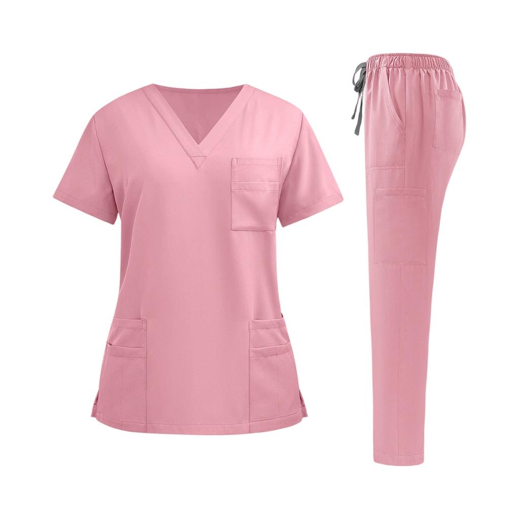 Damen Krankenpfleger Uniform Set Schnelltrocknendes Gewebe V-Ausschnitt Kurzarm Oberteil mit Taschen und Elastischem Bund Lange Hose Medizinische Arbeitskleidung Set
