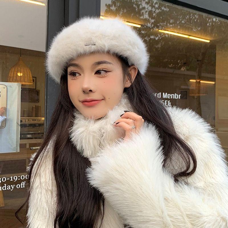 Ladies White Rabbit Fur Hat Winter Beret Autumn and Winter Versatile Trendy Retro Bud Hat