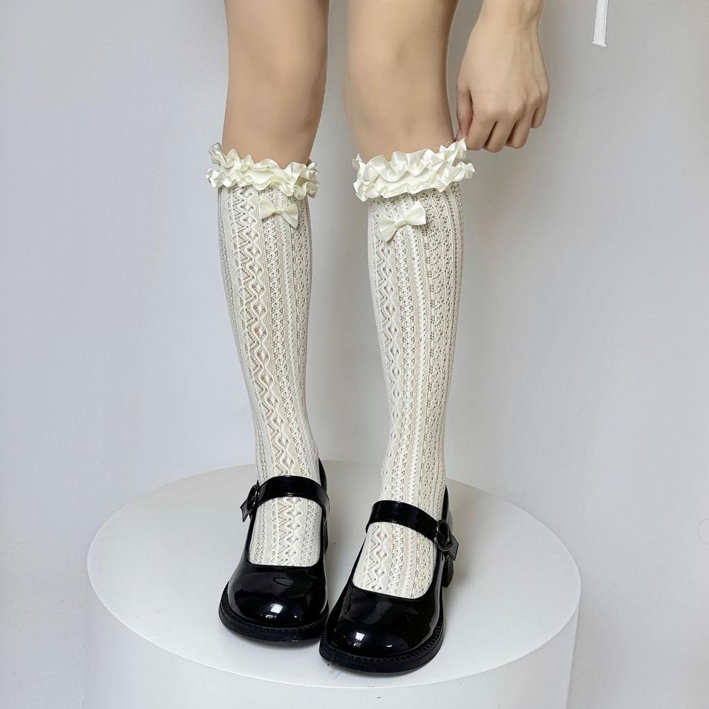 lolita Lace trim socks, spring/summer thin white mid-calf socks, Lolita bowknot stacked socks jk Calf socks