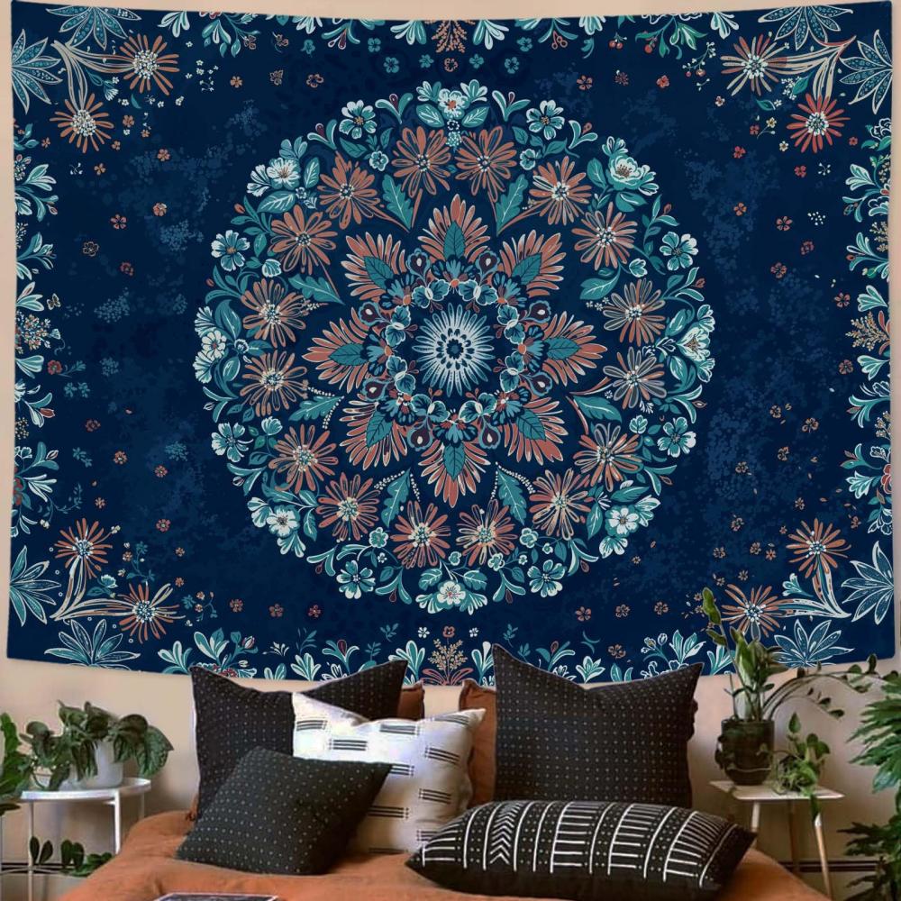 VIKAMA Navy Blue Floral Mandala Tapestry Bohemian Ethnic Style Wall Hanging for Bedroom Living Room Homestay Decor