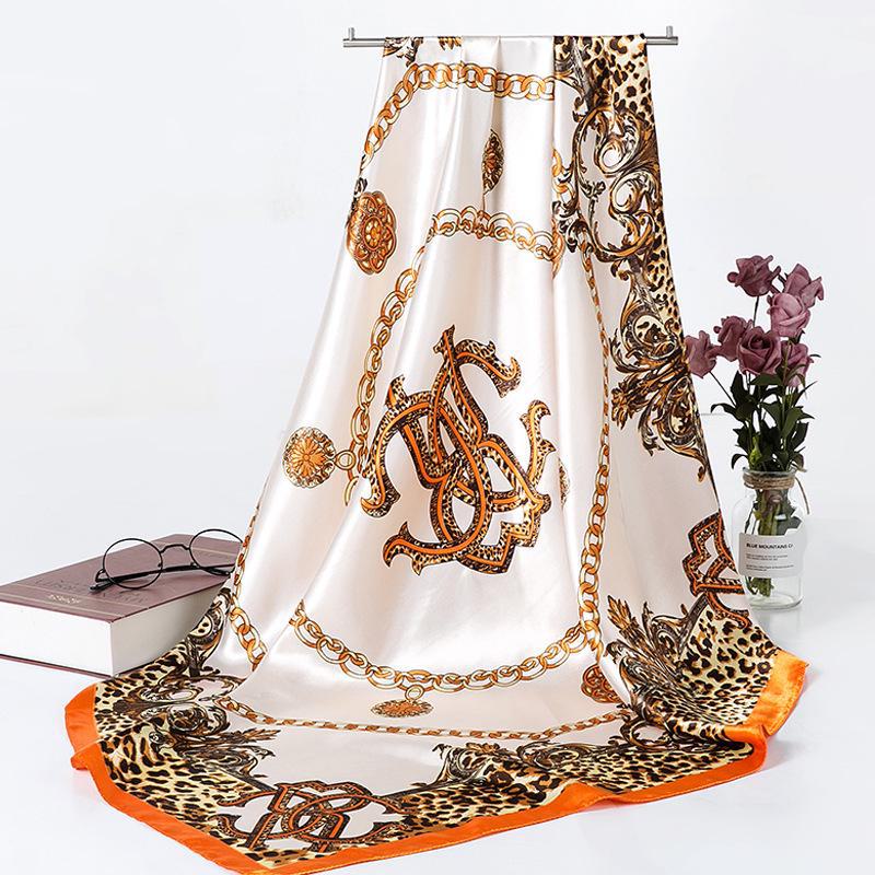 Women's Silk Large Square Scarf with Leopard and Chain Design for Spring and Autumn