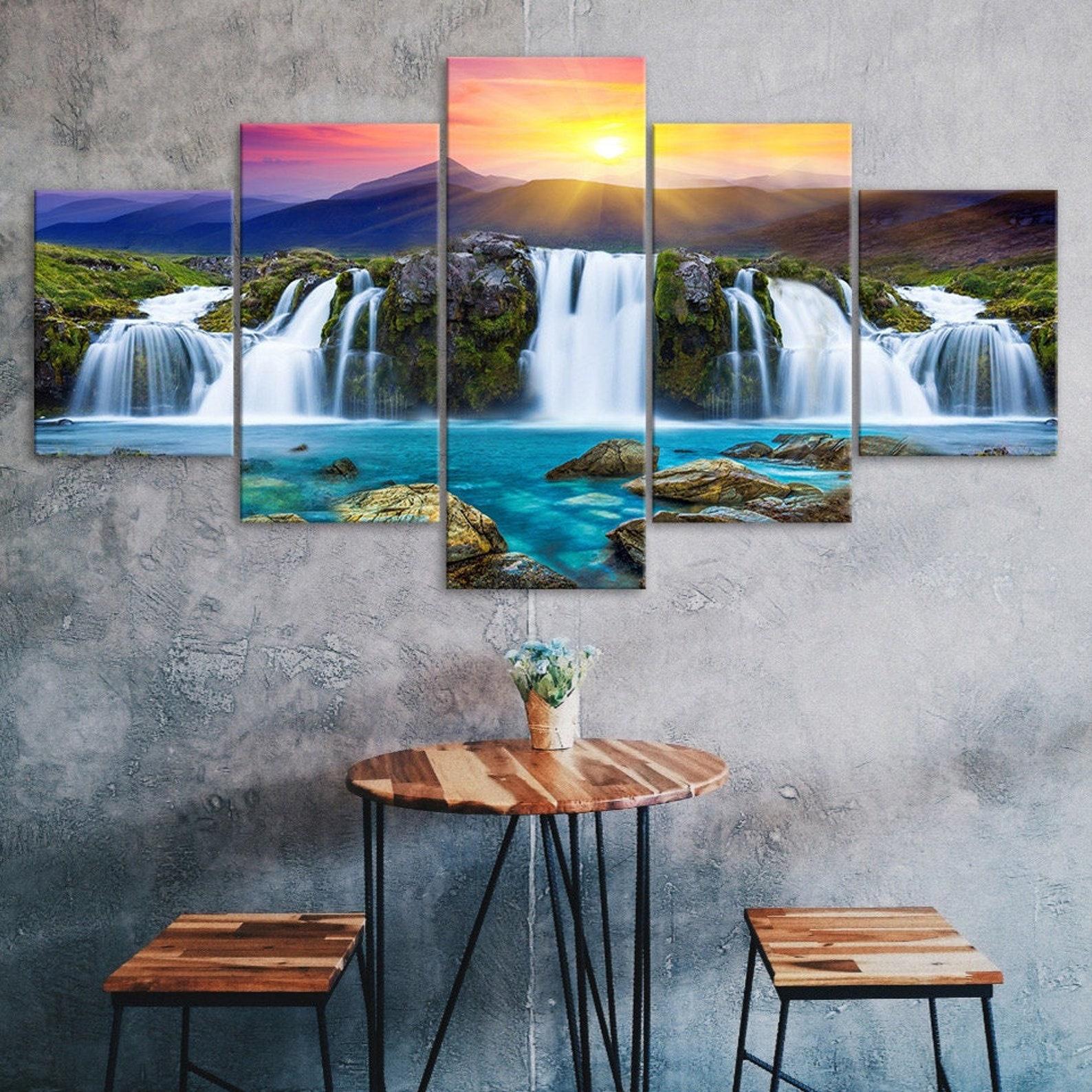 

Beautiful Waterfall Sunset Mountains Scenery 5 Piece Five Panel Wall Canvas Print Modern Art Poster Home Decor Gift For Him For Her 20X35 20X45 20X55CM