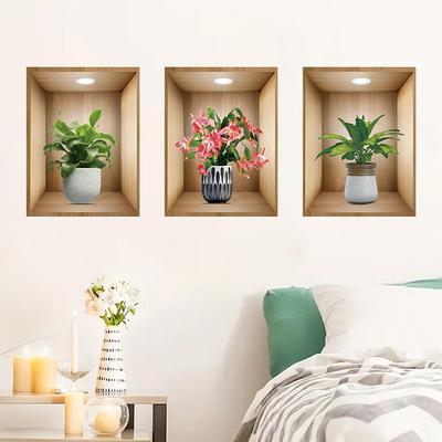 3 Pezzi Adesivi Murali Rimovibili ad Acquerello Realistici Pianta in Vaso Fiore per Camera da Letto Soggiorno Decorazione Asilo Adesivi Murali
