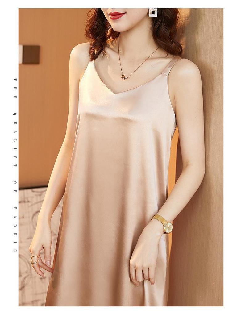 Women's Plus Size V-Neck Silk Satin Lace Camisole Dress – Sleeveless, Loose Fit for Spring & Summer Wear