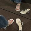 Popular Women's Shoes Summer New Sandals Women's Medium Heel Crystal Heel High Heel Thick Heel Two Wear Rhinestones Outside Wear Cool Slippers