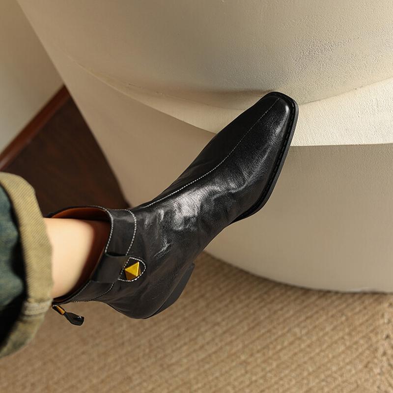 Fashion NEW Autumn Women Boots Genuine Leather Shoes for Women Square Toe Chunky Heel Shoes Rivet Zip Ankle Boots Concise Western Boots