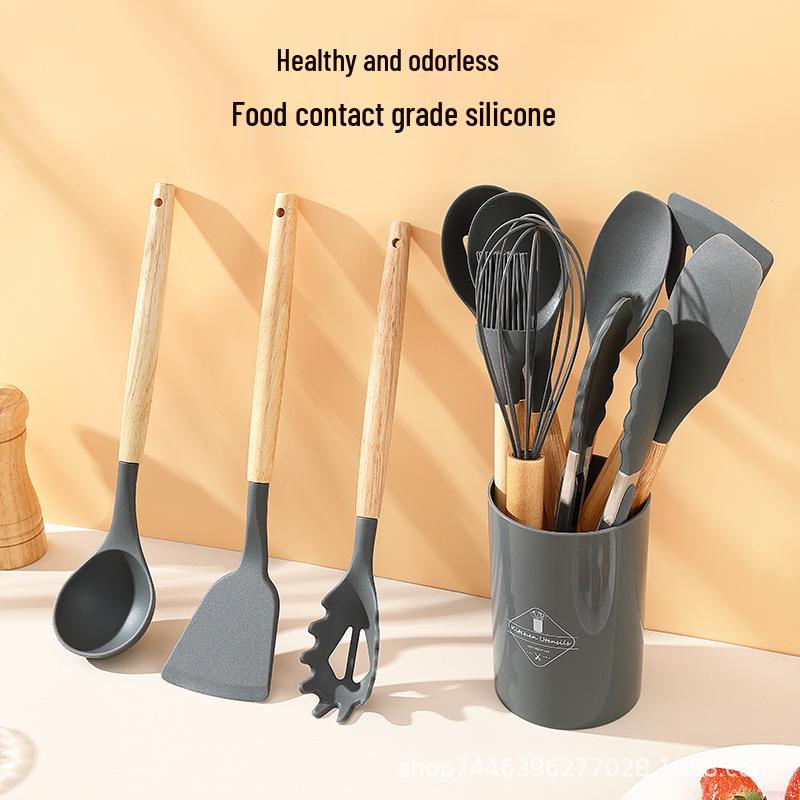 Set da 12 Pezzi di Utensili da Cucina in Silicone con Manici in Legno - Set Spatola e Cucchiaio