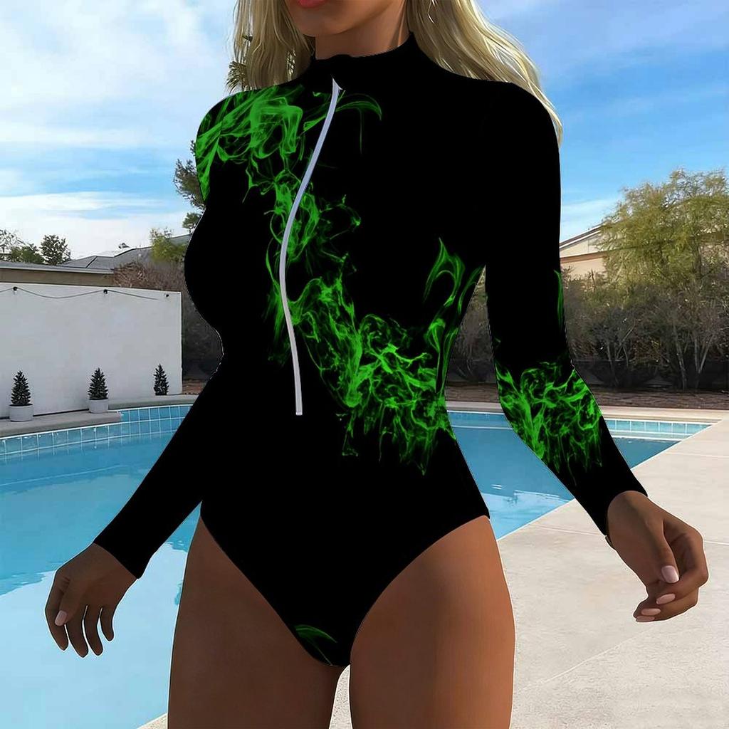 Women Long Sleeve One Piece Swimsuit Zip Front Fluid Splashed Paint Print Rash Guard Surfing Bathing Suit