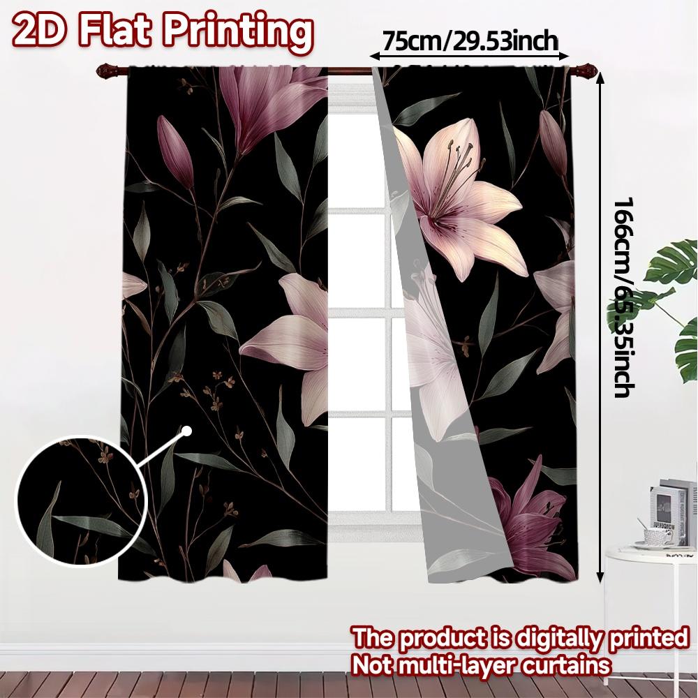 Set Of 2 Modern Flat Printing Curtains Without Rod Floral Elegance Black Fashionable Curtainments During Valentine Curtain Made Polyester