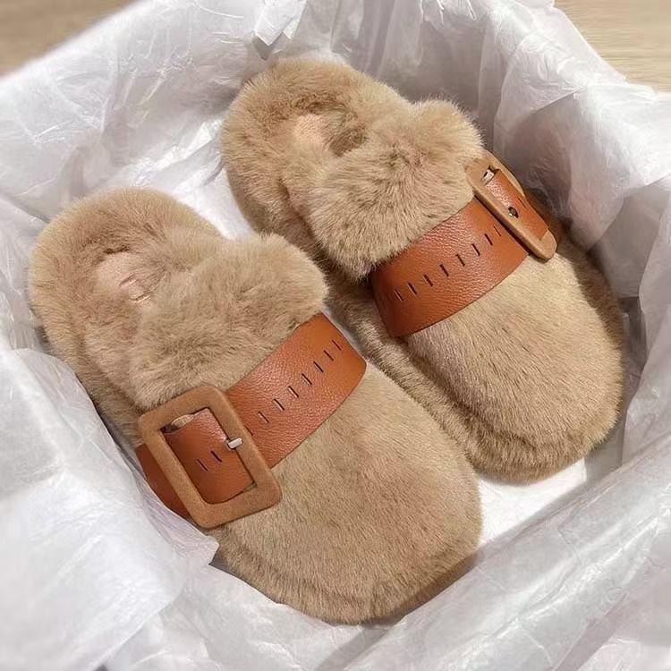 Niche design thick-soled fluffy slippers women wear autumn and winter new high-end bag head half-tray cotton shoes