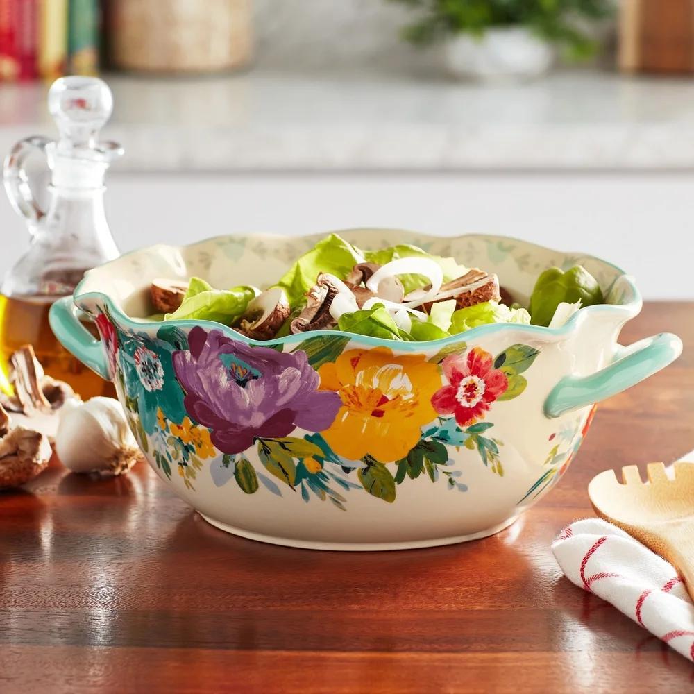 Sweet Romance Blossom Serving Bowl with Handles Scalloped Edge Microwave Dishwasher Safe Large Ceramic Bowl Decorative Kitchen