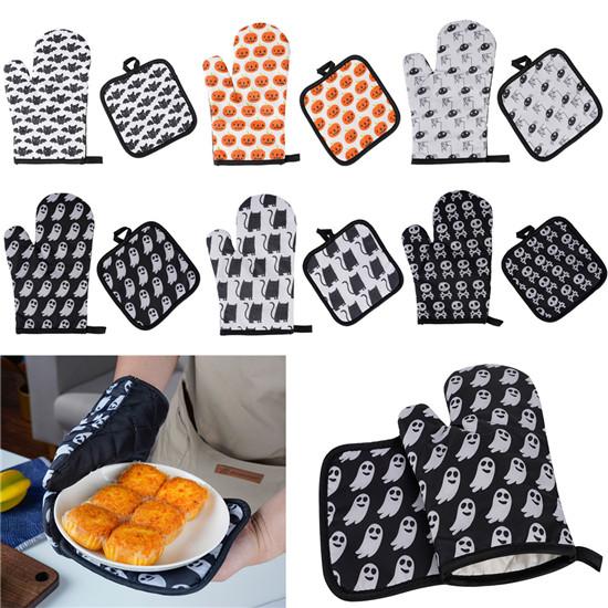 Microwave Oven Heat Insulation Gloves Halloween Pattern High Temperature Resistant Thickened Kitchen Gloves Anti-Scald Gloves