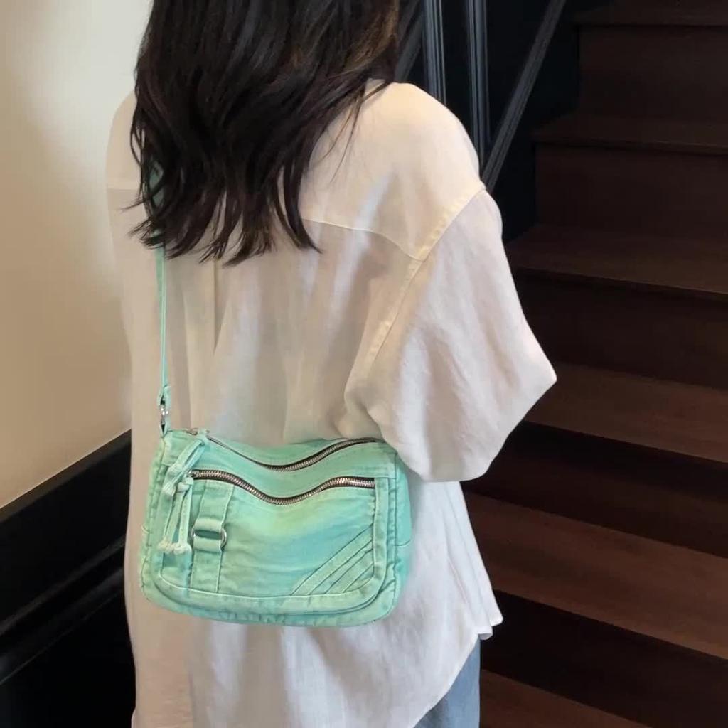 Retro Washed Denim Crossbody Bag for Women In Summer, Simple and Artistic Casual, Multi Pocket Single Shoulder Small Square Bag