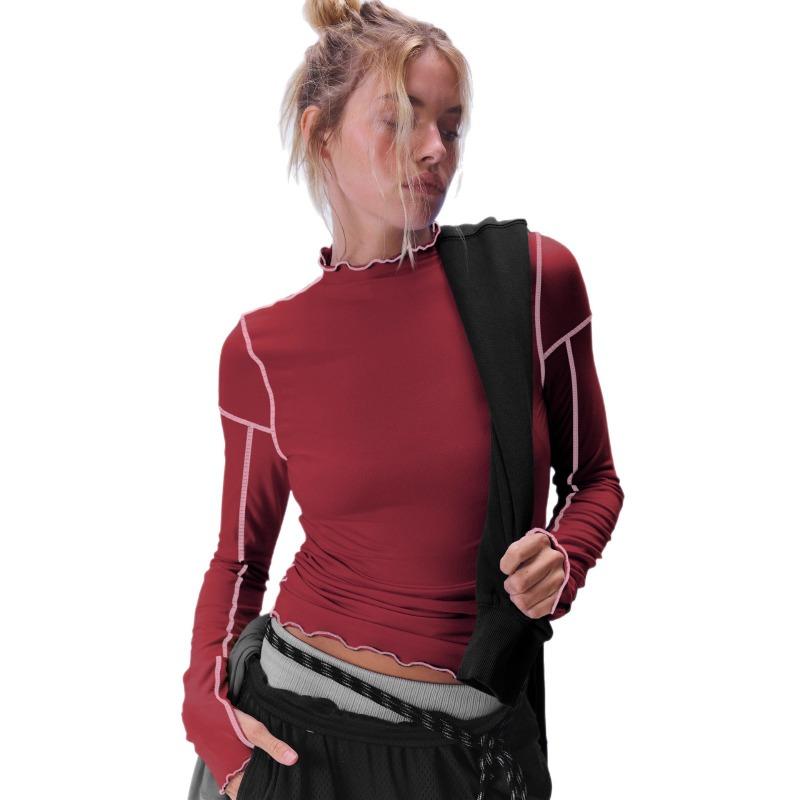 Women S Color Block Long Sleeve T Shirt Ruffled Mock Neck Slim Fit Top