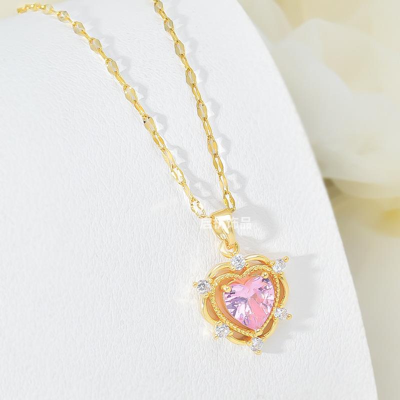 Pink Zirconium Love Necklace Women'S Light Luxury Simple Versatile Inlaid Pendant