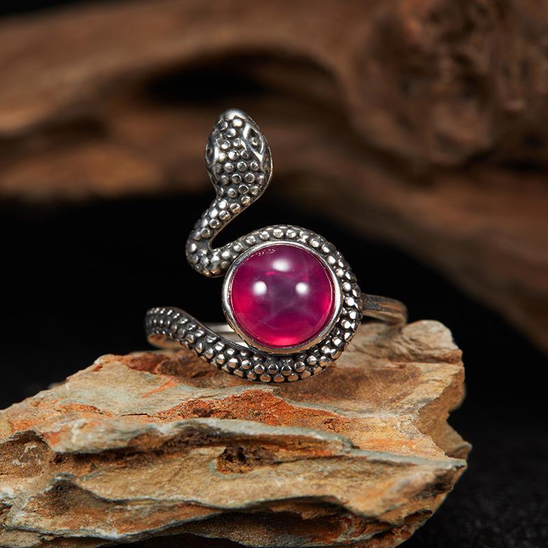 S925 Sterling Silver Natural Amethyst Topa Cat Eye Colored Treasure Thai Silver Ring Snake Hipster Personality Exaggerated Open Ring