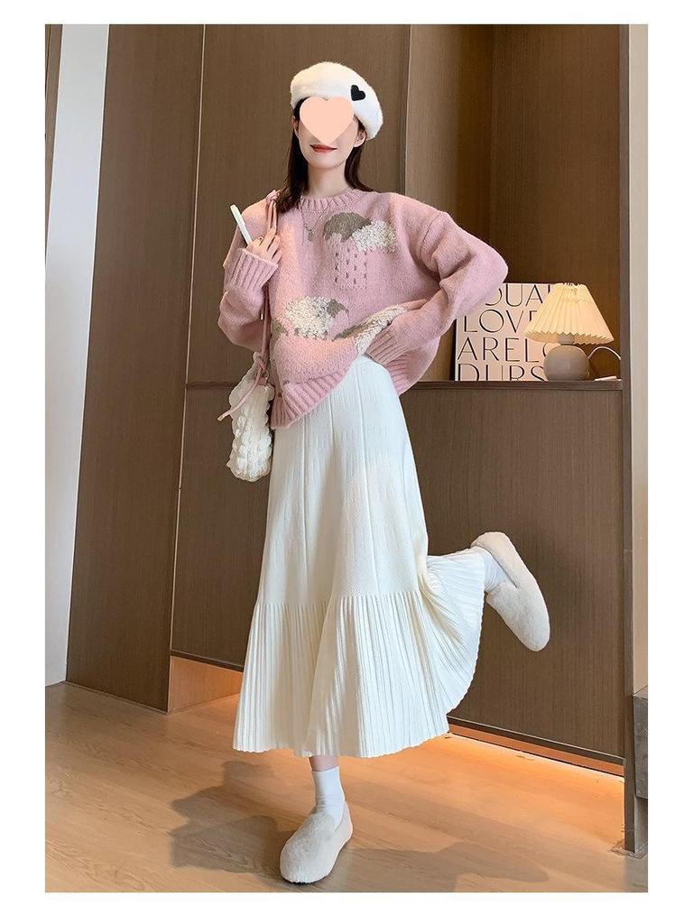 2025 New Women's High Waist Knitted A-line Pleated Midi Skirt for Autumn/Winter