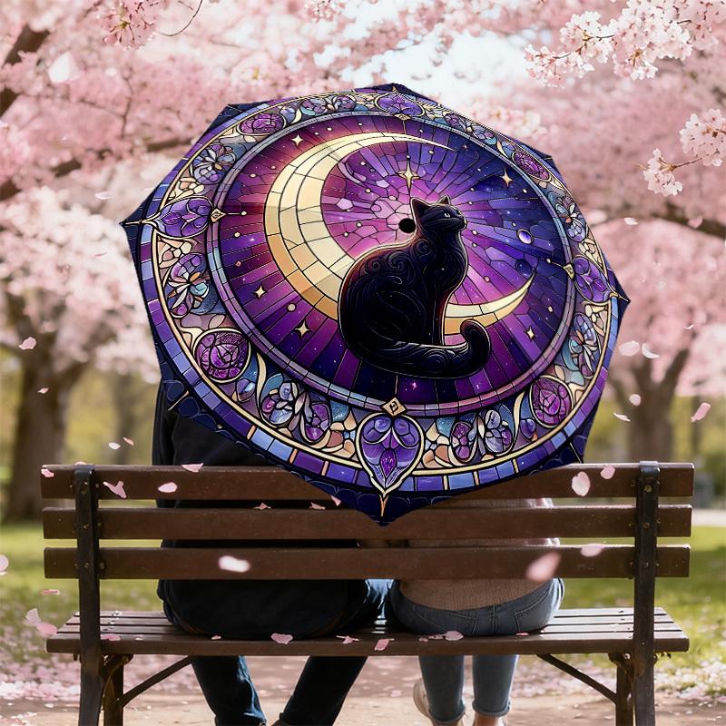1PC stained glass window moon cat Umbrella-8-Rib Reinforced, Automatic Open, Lightweight & Durable, Cute Fashion Accessory for Outdoor-W9235