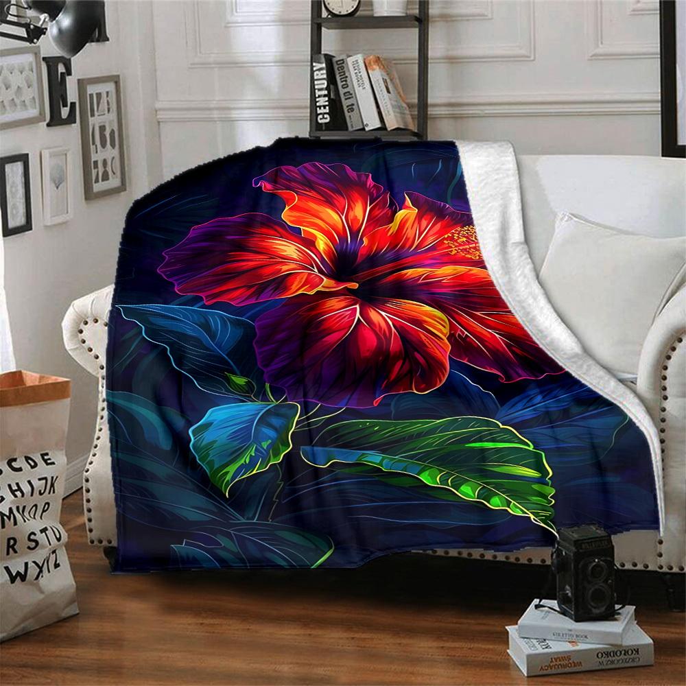 1pc Hibiscus Bloom Lightweight Flannel Blanket, Comfortable and Warm Blanket, for Office and Camping Sofa Bed, Livingroom050